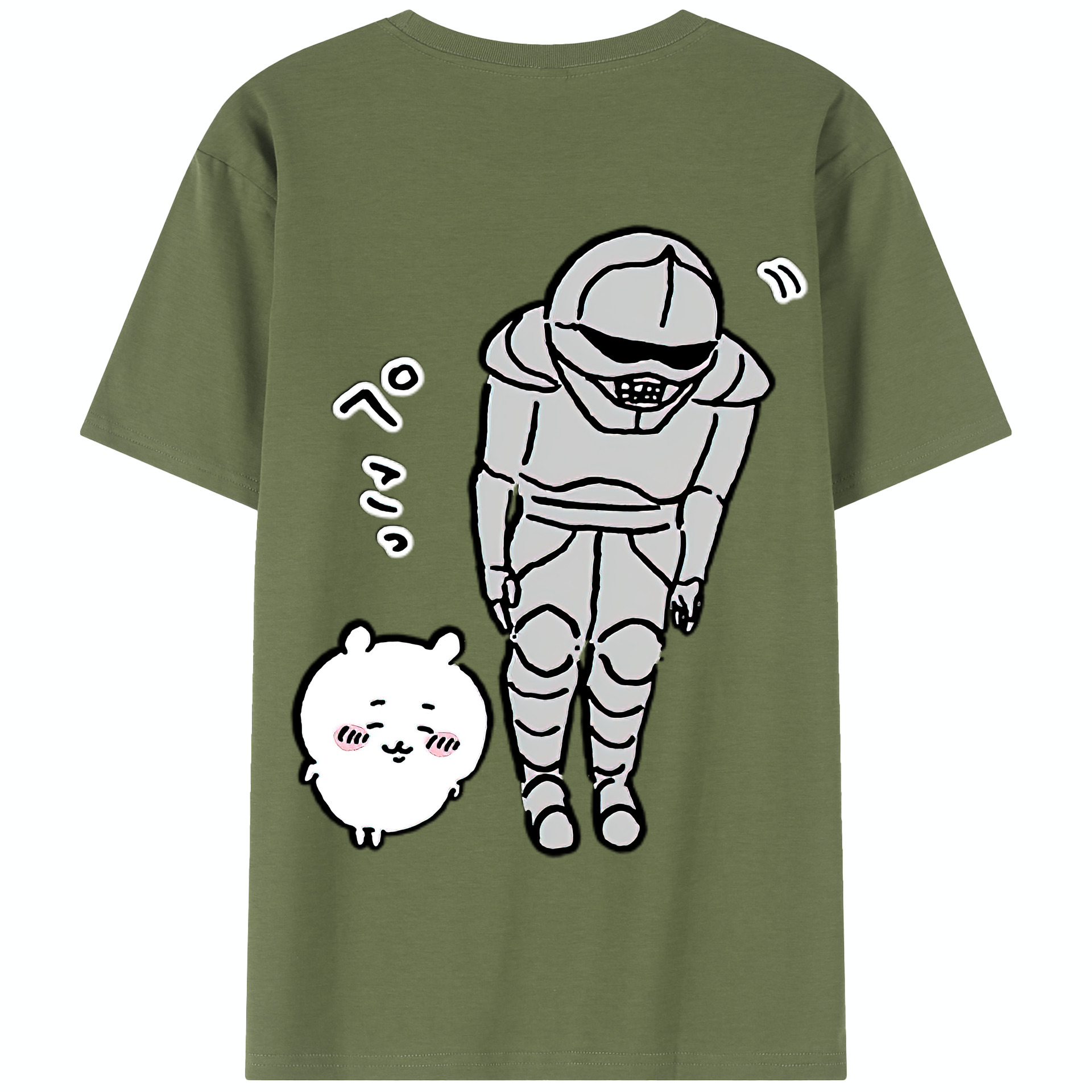 （画像用） ちいかわ 労働の鎧さん Chii-kawa Mr. Armor of Labor 綿100％半袖Tシャツ（背面プリント）